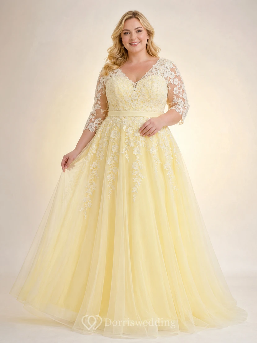 Yellow Plus Size Long Sleeve Lace Studio Bridal Gown