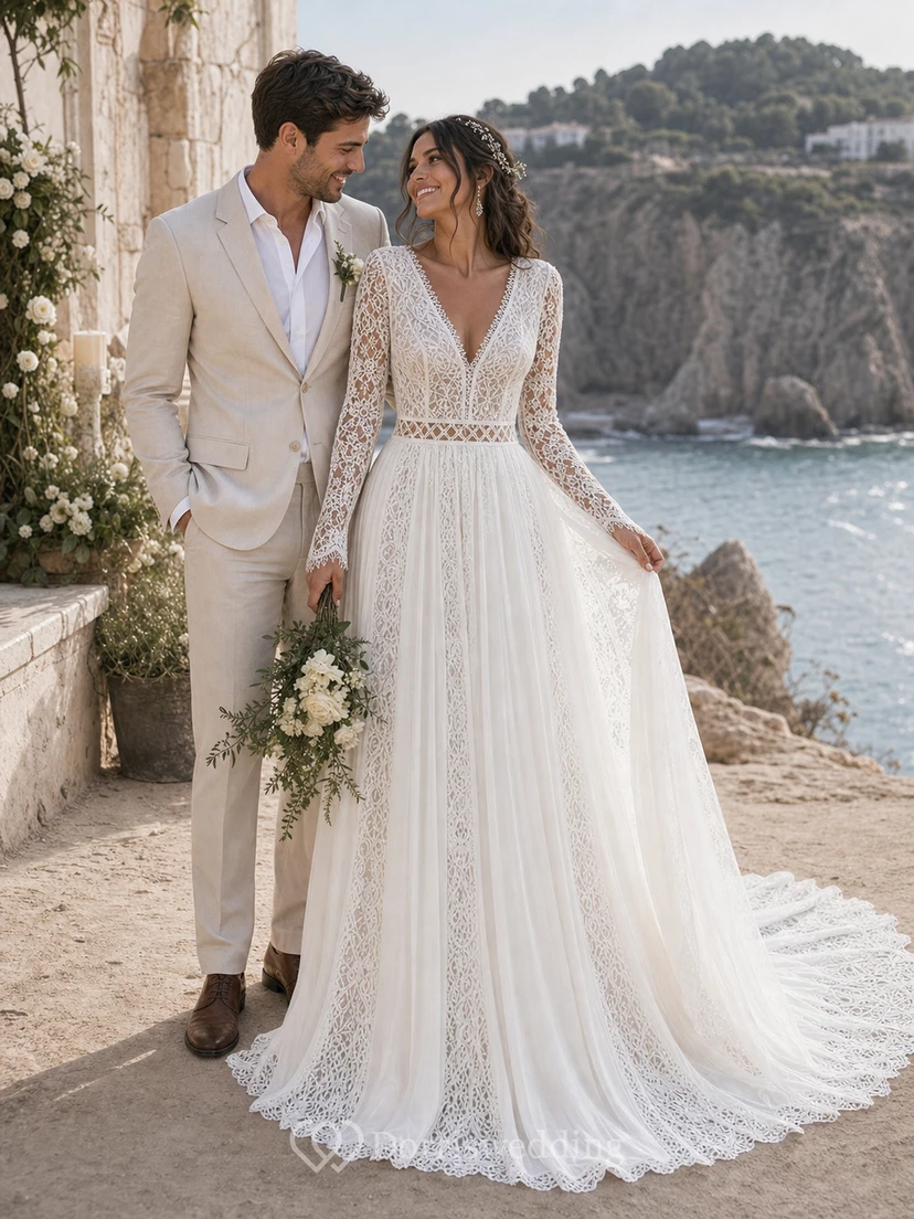 Vestido de novia sencillo de manga larga y modesto | Vestido de novia bohemio de encaje para ceremonia civil view 6