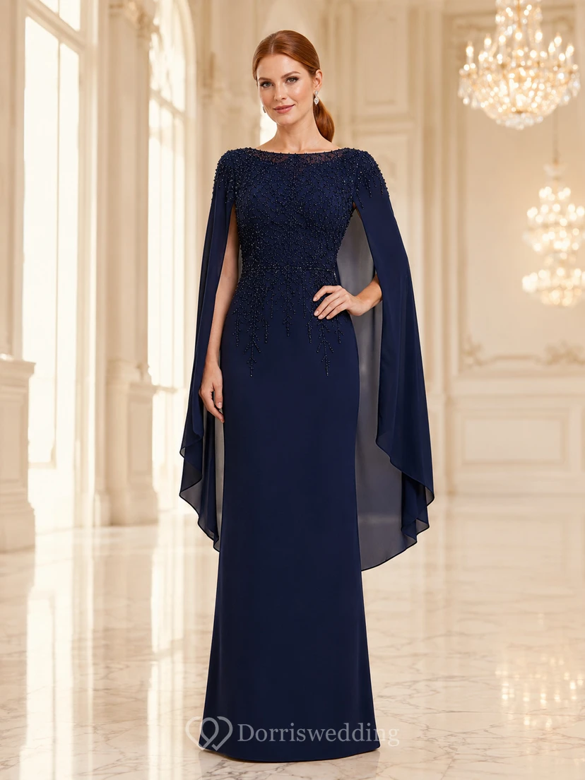 Dark Navy Bateau Cape Sleeve Formal Dress
