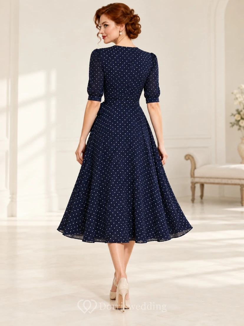 Vintage Dark Navy Polka Dot Wrap Sleeve Midi Guest Dress view 2