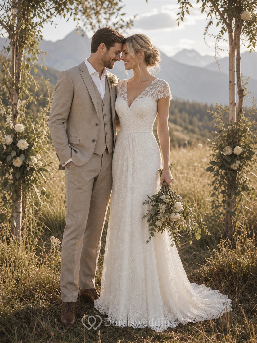 Casual Modest Lace Convertible Wrap Ivory Empire Vintage Vow Renewal Wedding Dress with Drapings view 3