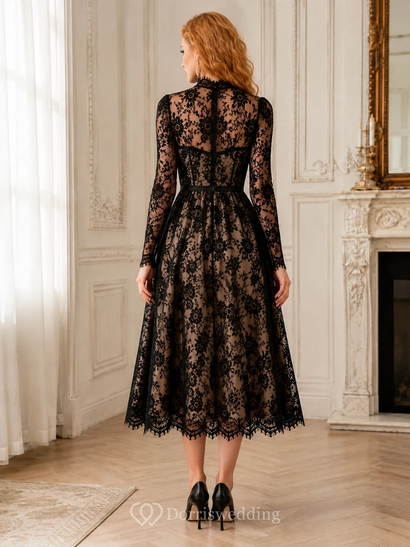 Robe vintage noire à col montant et manches longues en dentelle florale, longueur thé view 2
