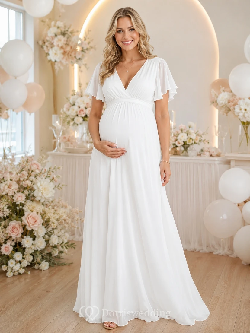 Weißes Chiffon-Umstandskleid mit V-Ausschnitt, kurzen Ärmeln, Empire-Schnitt, A-Linie, bodenlang, romantisch-elegant, Gartenkleid