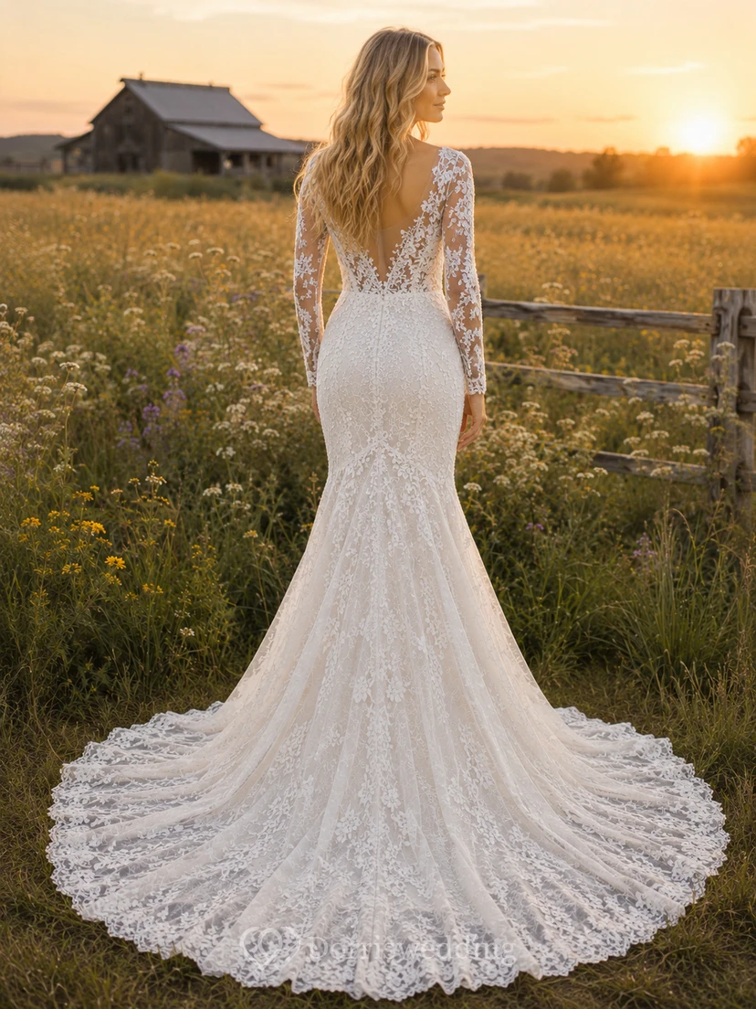 Vestido de novia de encaje campestre, estilo sirena, con escote en V, manga larga y cola de capilla. view 2