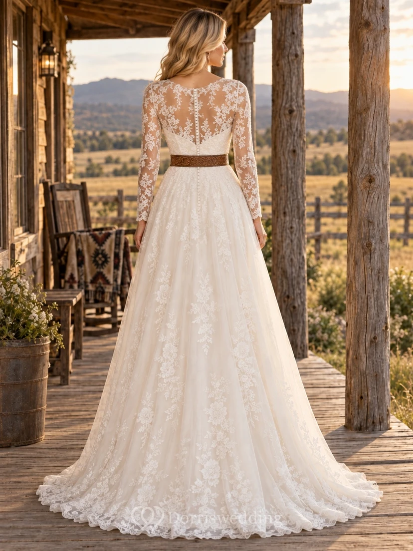 Country Boho Long Sleeve A-Line Lace Tulle Wedding Dress with Jewel Neckline and Western Belt view 2