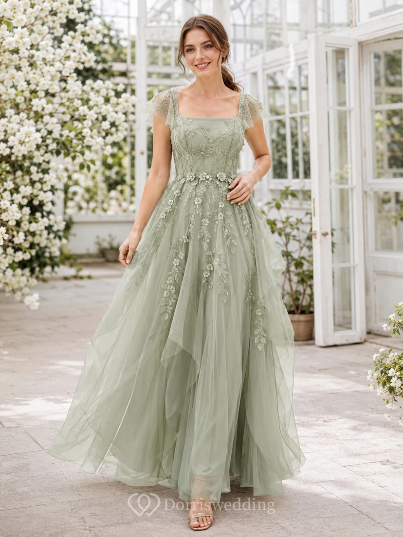 Luxury Sage Square Neck Cap Floral Applique Tulle A Line Guest Gown