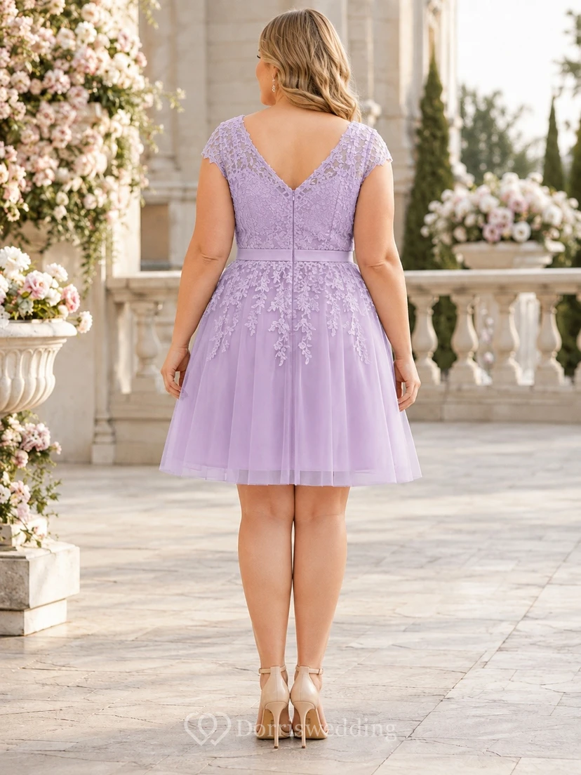 Lavender Tulle Lace Square-Neck Short-Sleeve A-Line Short Plus-Size Homecoming Dress view 2