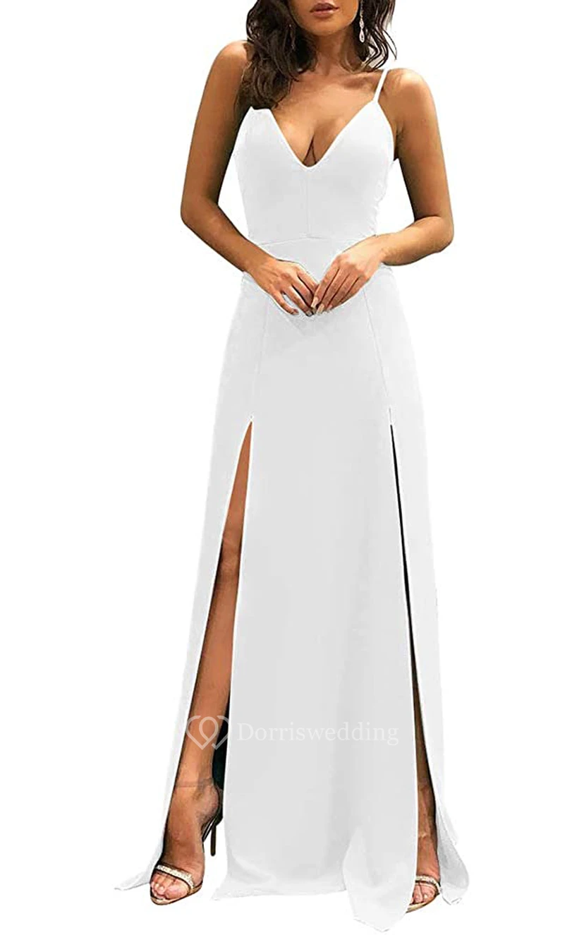 Casual Satin V-neck A Line Sleeveless Prom Dress With Split Front view 6