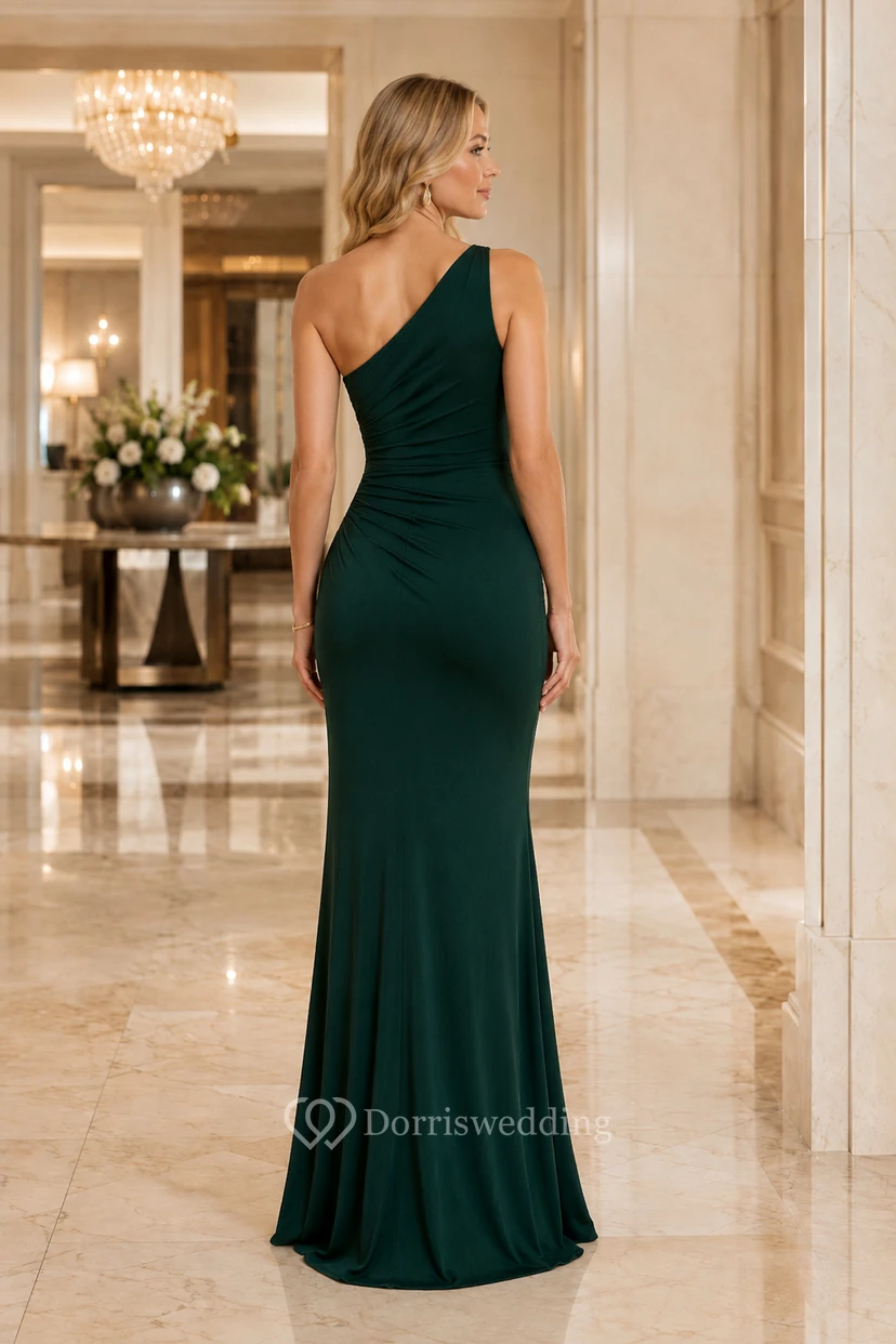 Dark Green One-Shoulder Ruched Sheath Formal Dress with Floor Length Skirt view 2