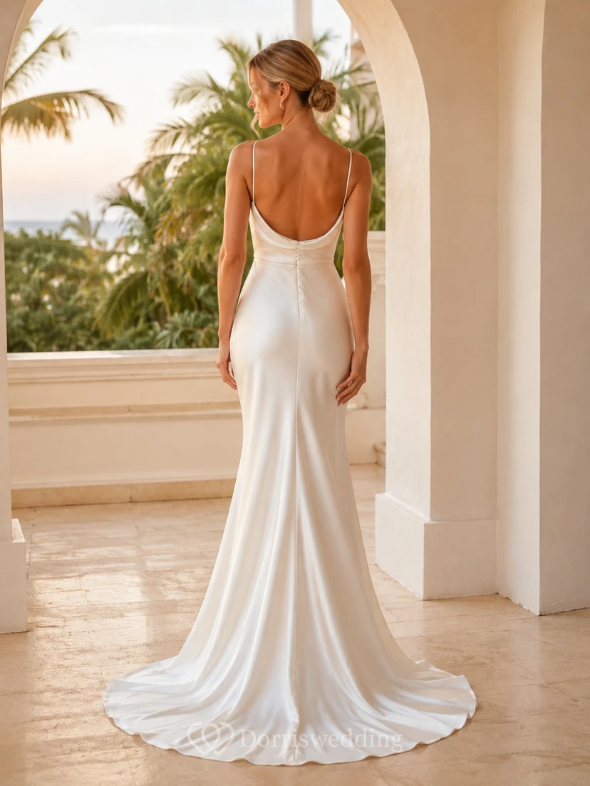 Sleek cowl neck satin rehearsal sheath gown with spaghetti straps view 2