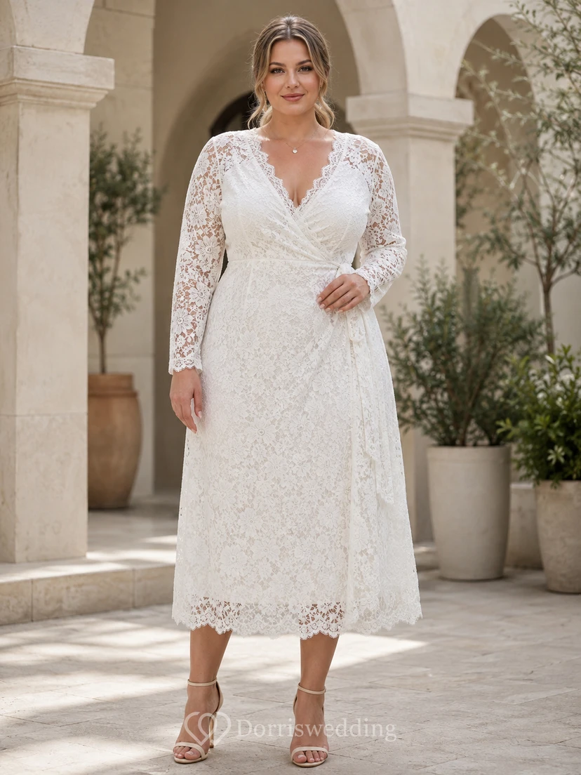 Robe de mariée romantique grande taille, col en V, dentelle illusion, manches longues, longueur cheville, style romantique