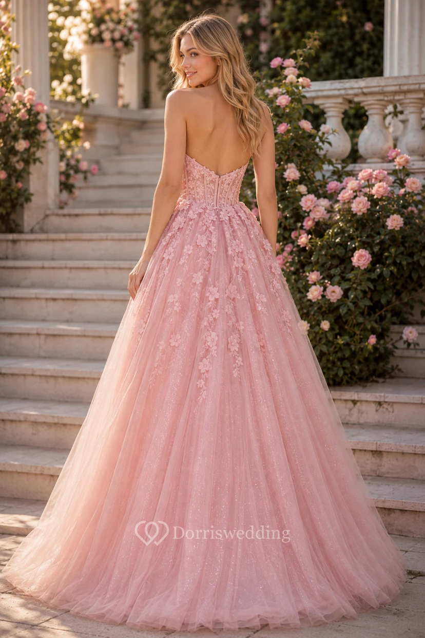 Blushing Pink Tulle A-Line Prom Dress with Floral Appliques and Slit for Bridesmaids Wedding Guests and Formal Receptions view 2