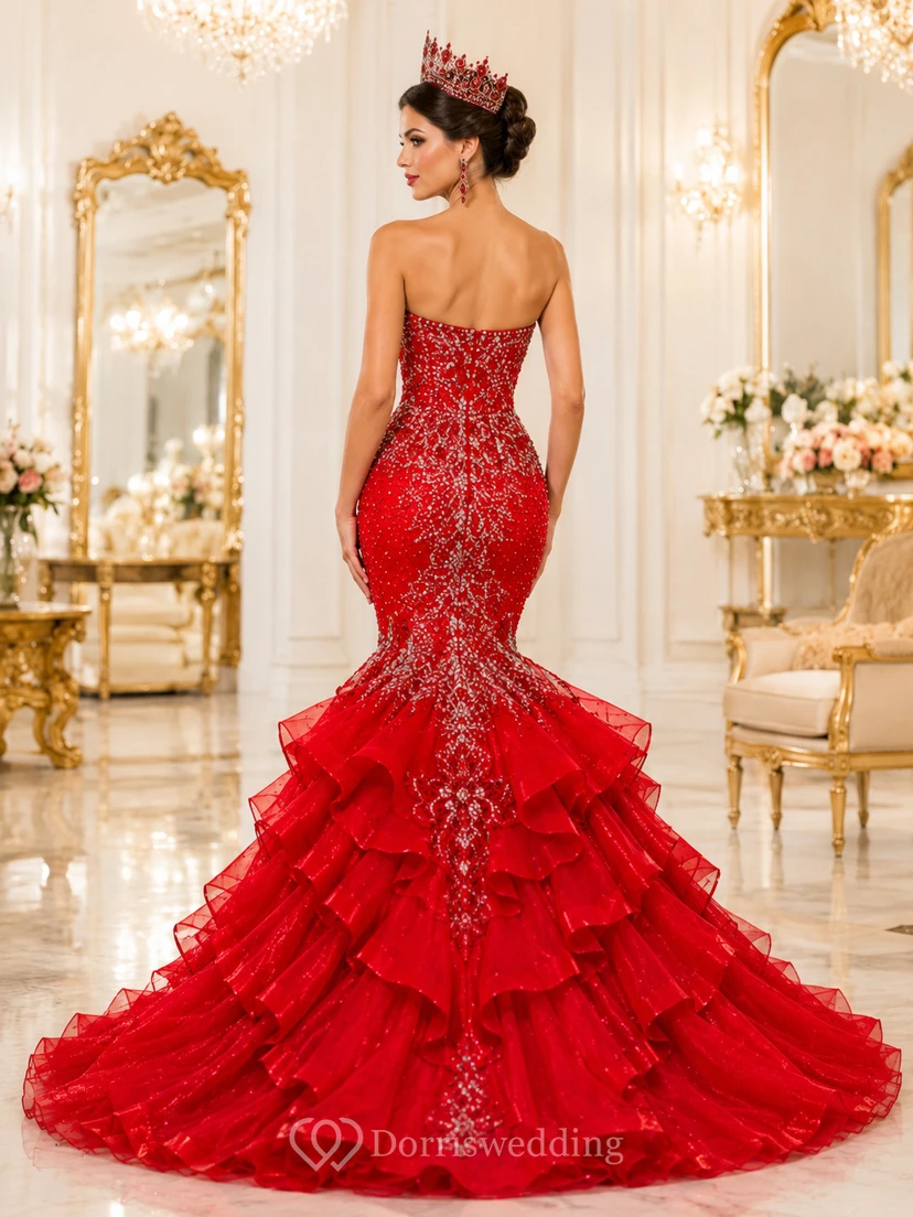 Luxuriöses rotes Karnevalsköniginnen-Meerjungfrauenkleid, bodenlang, trägerlos, perlenbesetzt view 2