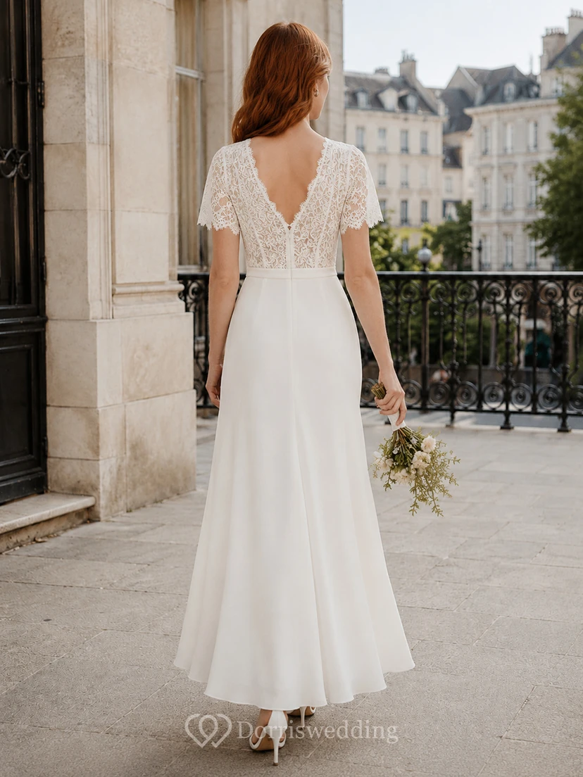 Short Sleeve Lace Bodice Chiffon Civil Elopement Bridal Gown view 2