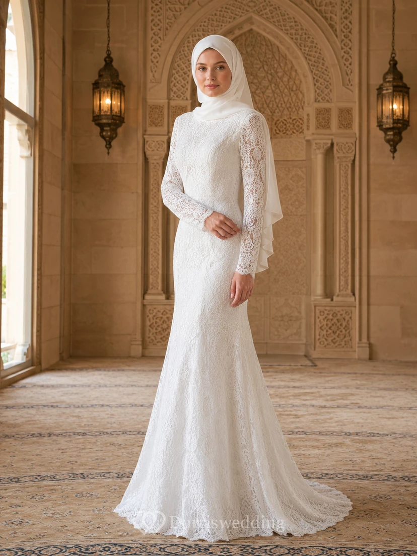 Modest Muslim Lace Sheath Long Sleeve Mosque Wedding Dress