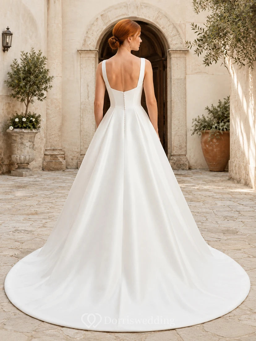 Vestido de novia de satén, estilo princesa, con escote barco, manga corta y cola de capilla. view 2