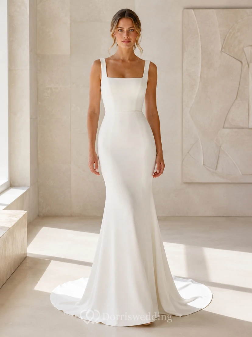 Minimalist Stretch Satin Wedding Dress Mermaid Square Neck Sleeveless Sweep Train Bridal Gown