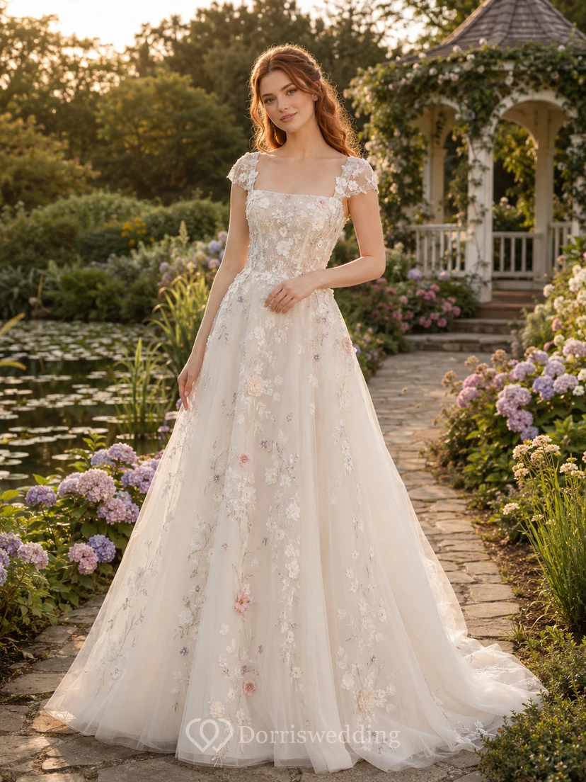 Brautkleid in A-Linie mit kurzen Ärmeln und floralen Applikationen