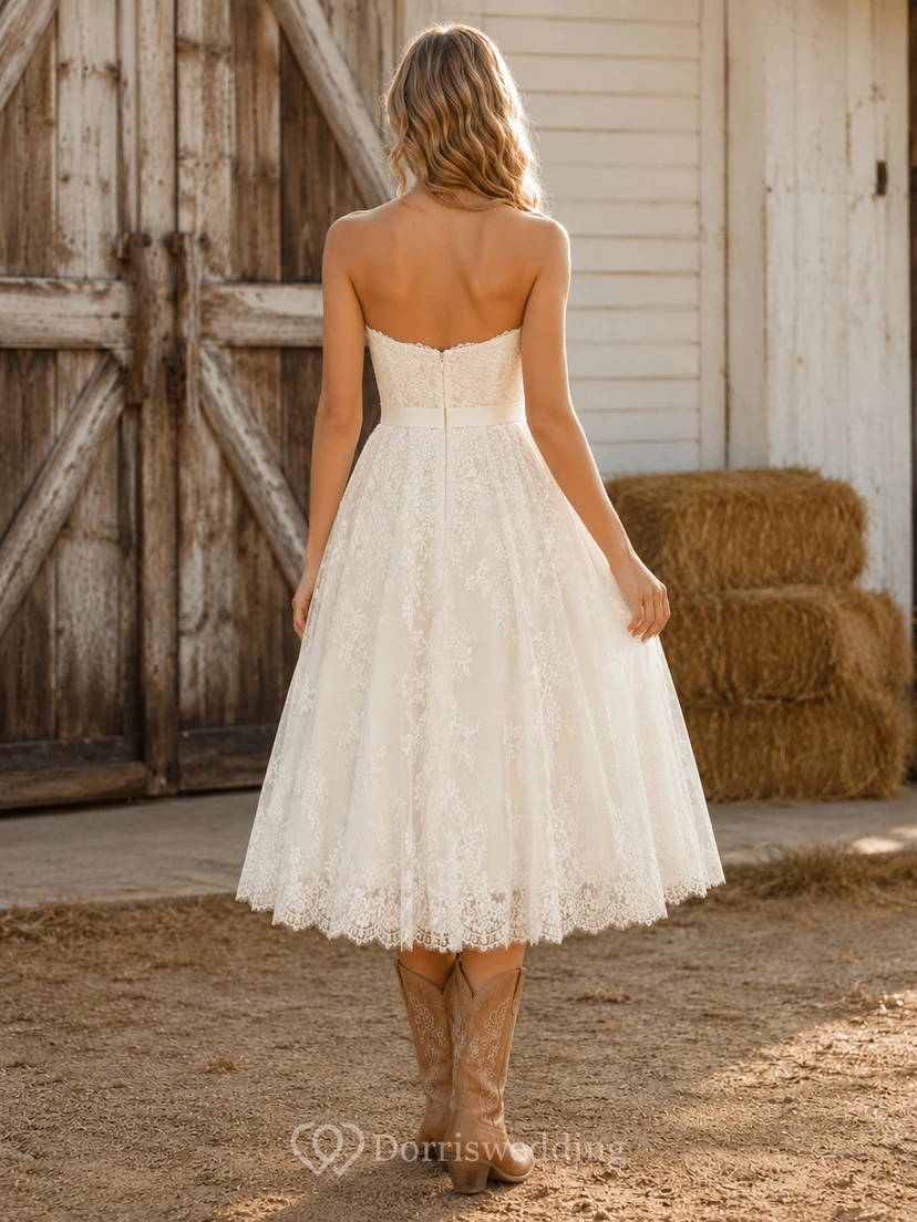 Robe de mariée de maternité à épaules dénudées, manches en dentelle, coupe trapèze, style jardin view 2