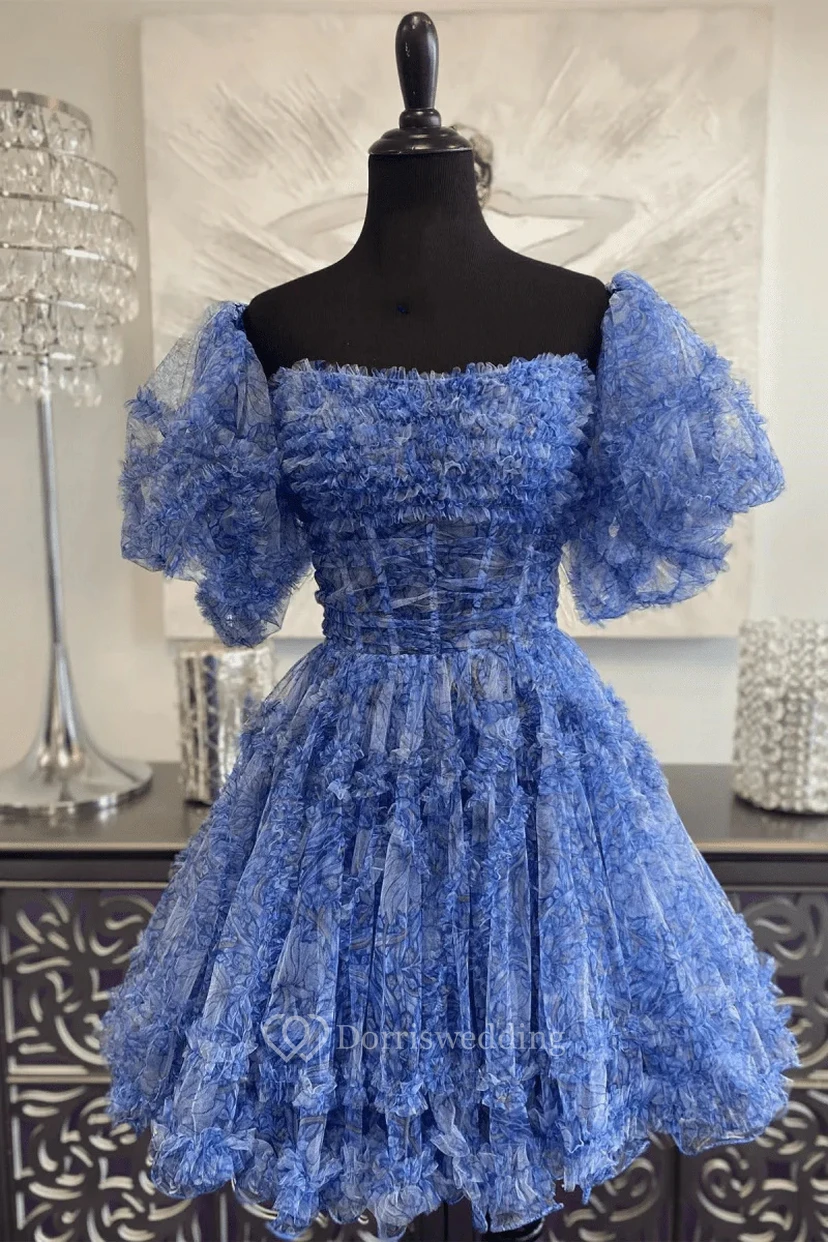 Blaues schulterfreies Rüschenkleid view 5