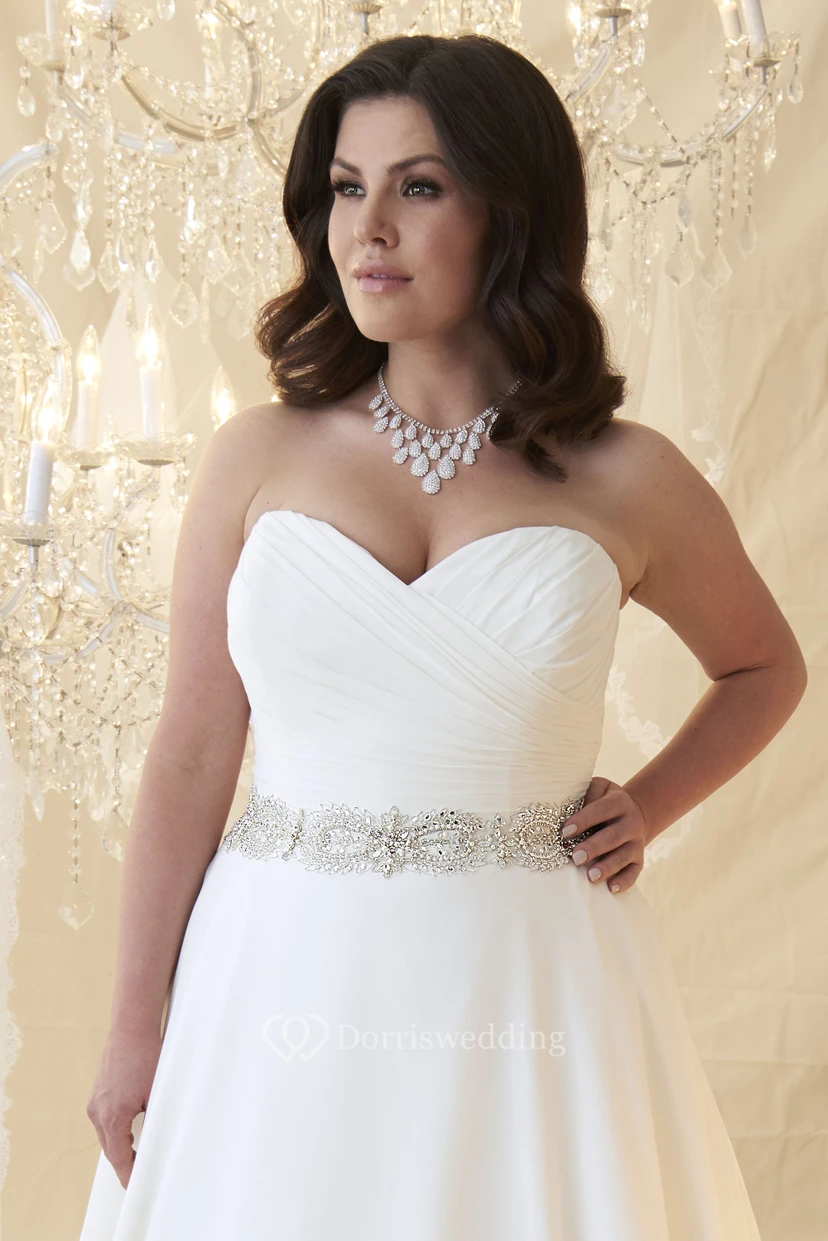 A-Line Sweetheart Jeweled Chiffon Plus Size Wedding Dress With Criss Cross And Zipper view 3