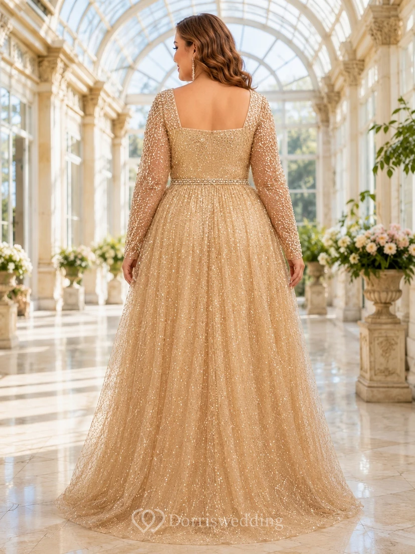 Gold Square Neck Long Illusion Sleeve Sequins Ball Gown Floor-Length Plus-Size Evening Dress view 2