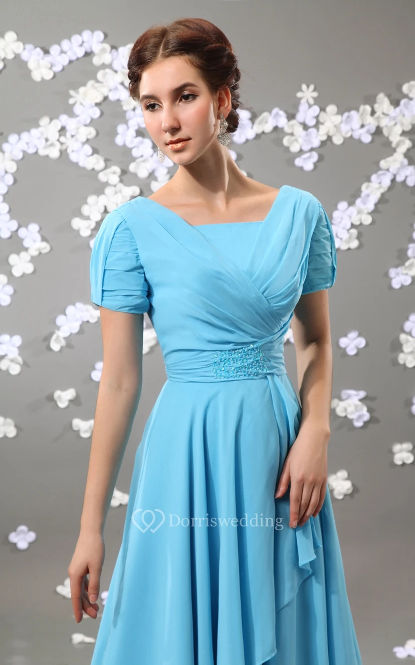 Chiffon Square-Neck Short Sleeve Dress With Ruching view 4