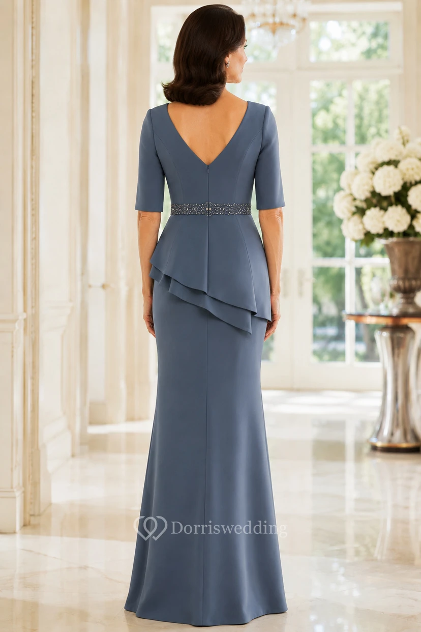Stahlblaues Meerjungfrauen-Kleid mit Schößchen und halben Ärmeln view 2