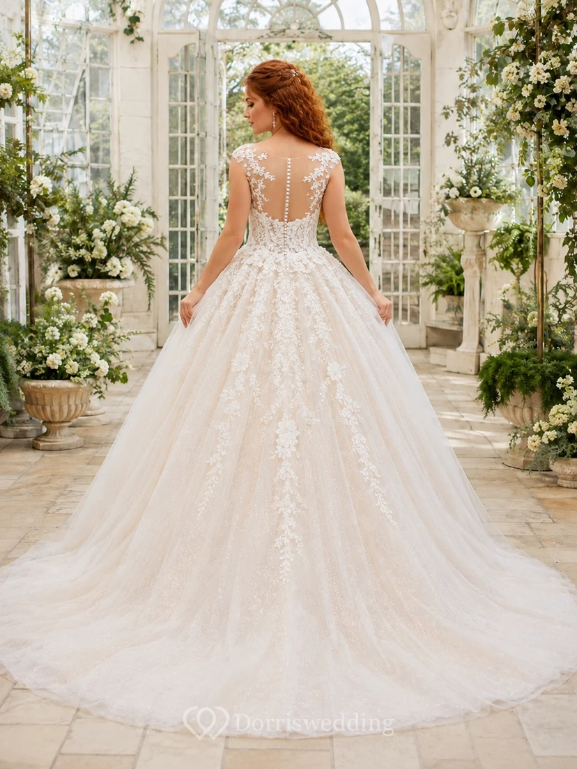 Champagne Lace Ball Gown Bridal Dress V-neck Sleeveless Cathedral Train view 2