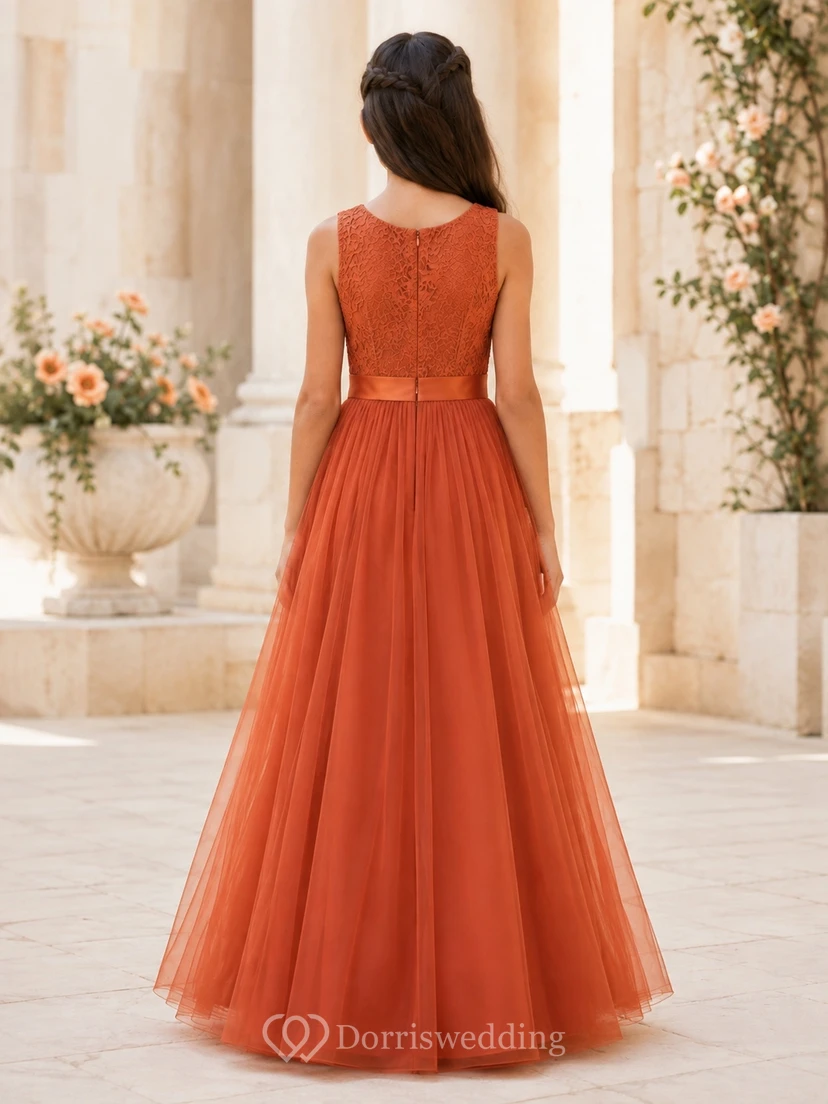 Modernes orangefarbenes ärmelloses A-Linien-Brautjungfernkleid aus Spitze und Tüll mit Schmucksteinen, bodenlang view 2