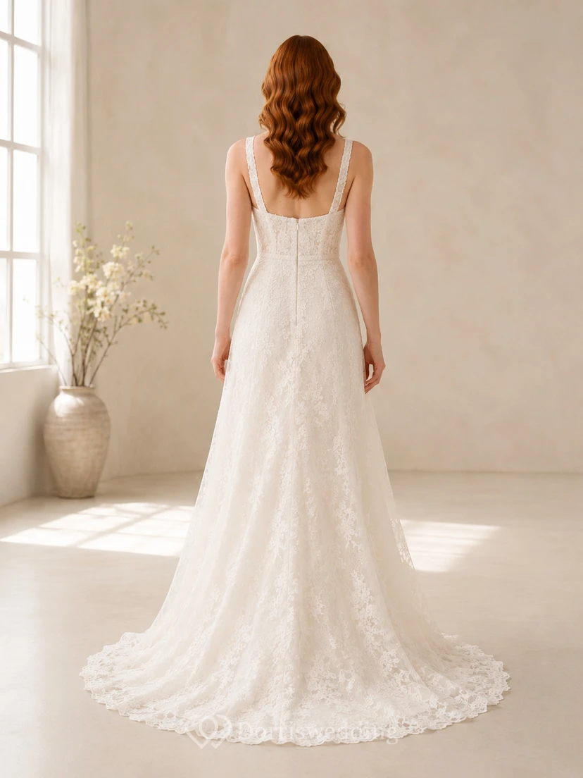 Robe de mariée sirène en dentelle et tulle, col V, sans manches, traîne chapelle view 2