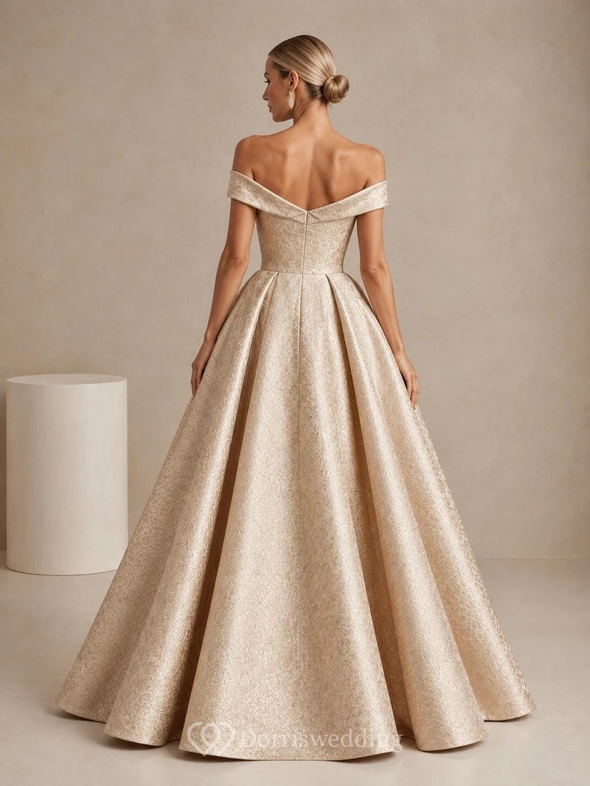 Champagne Taffeta Off-the-Shoulder Ball Gown Pleated Formal Dress view 2