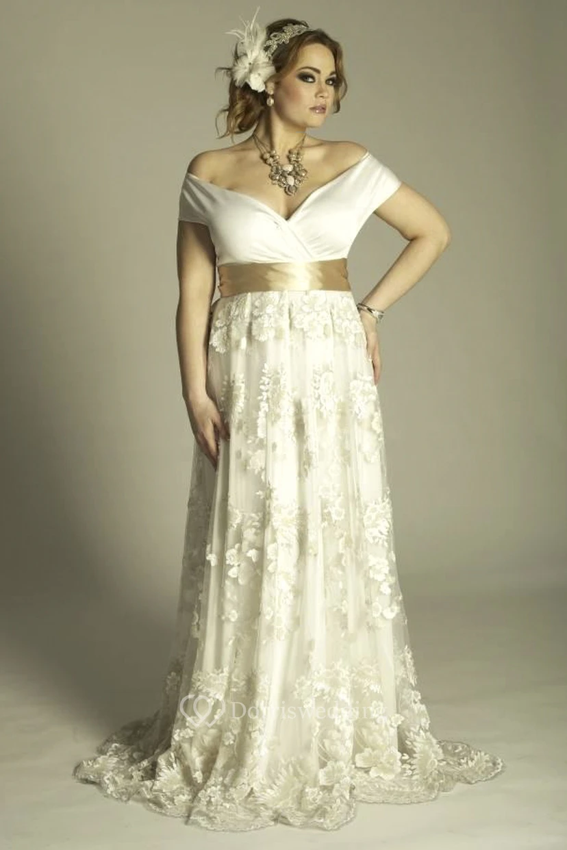 Plus Size Off-Shoulder A-Line Vintage Lace Floor Length Wedding Gown With Sash view 3