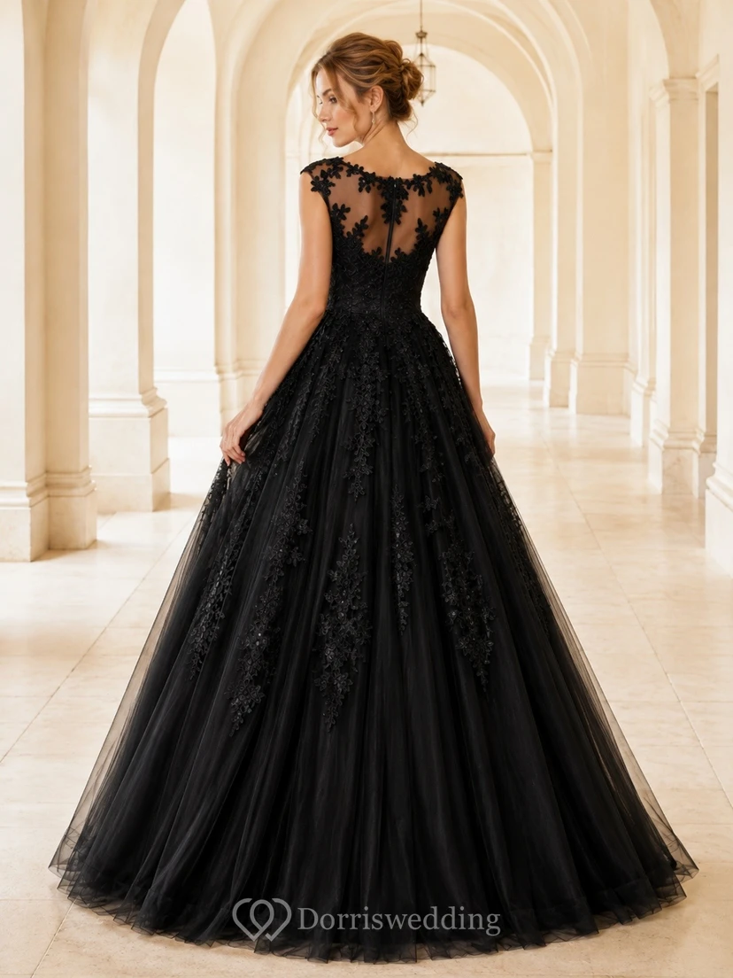 Black Jewel Neck Long Sleeve Lace Tulle Tiered Ball Gown Dress view 2