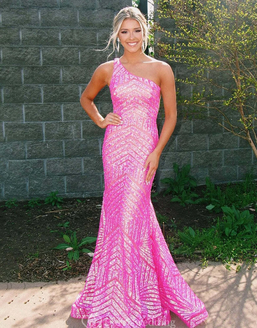 Einseitig schulterfreies, pinkfarbenes Pailletten-Meerjungfrauenkleid mit geometrischem Muster
