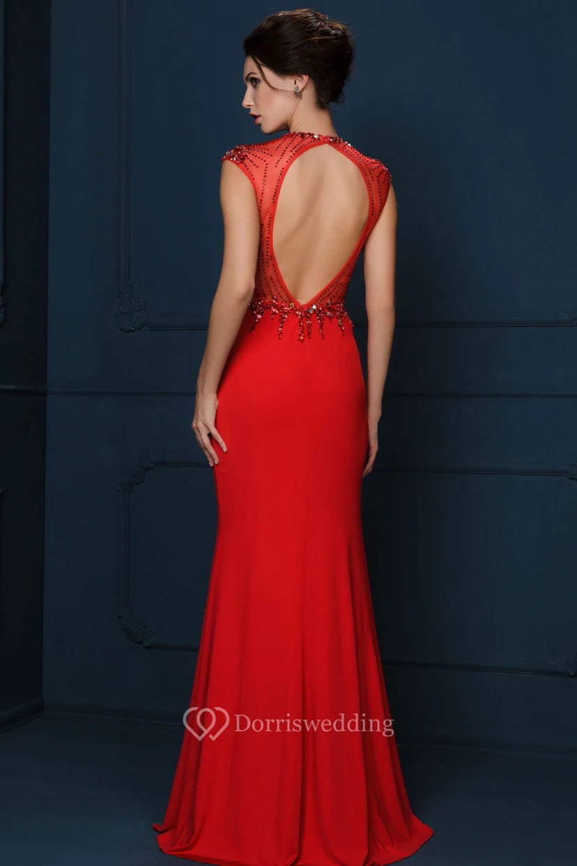 Sheath Floor-Length Crystal Cap-Sleeve Jewel-Neck Jersey Evening Dress view 2