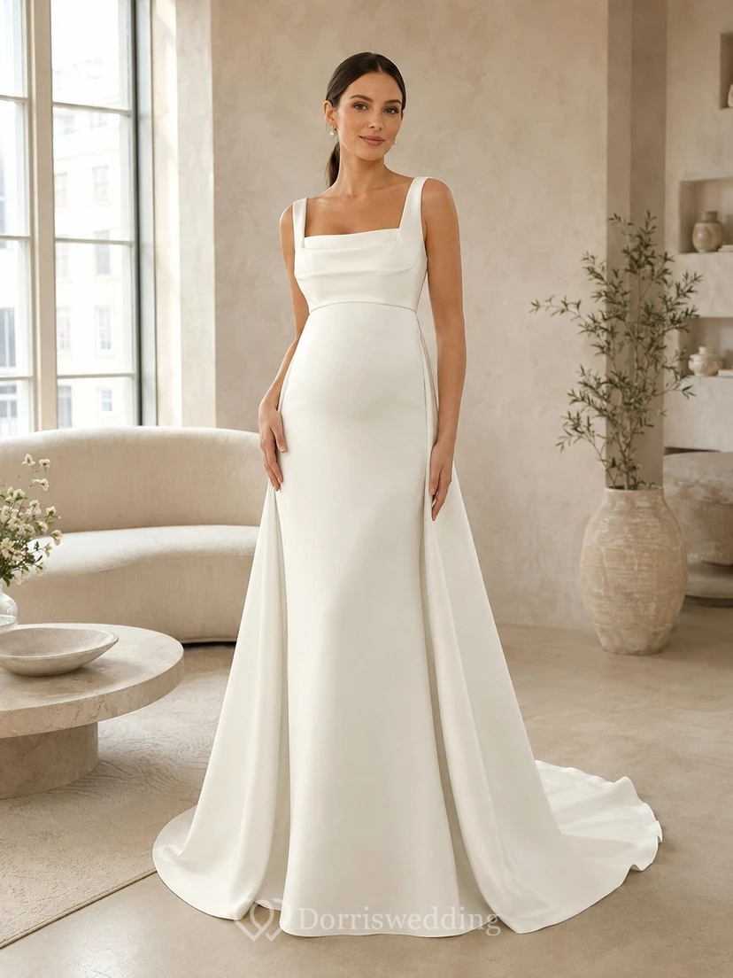 Vestido de novia de corte recto, sin mangas, de satén, con escote cuadrado y cola larga, ideal para ceremonias nupciales.