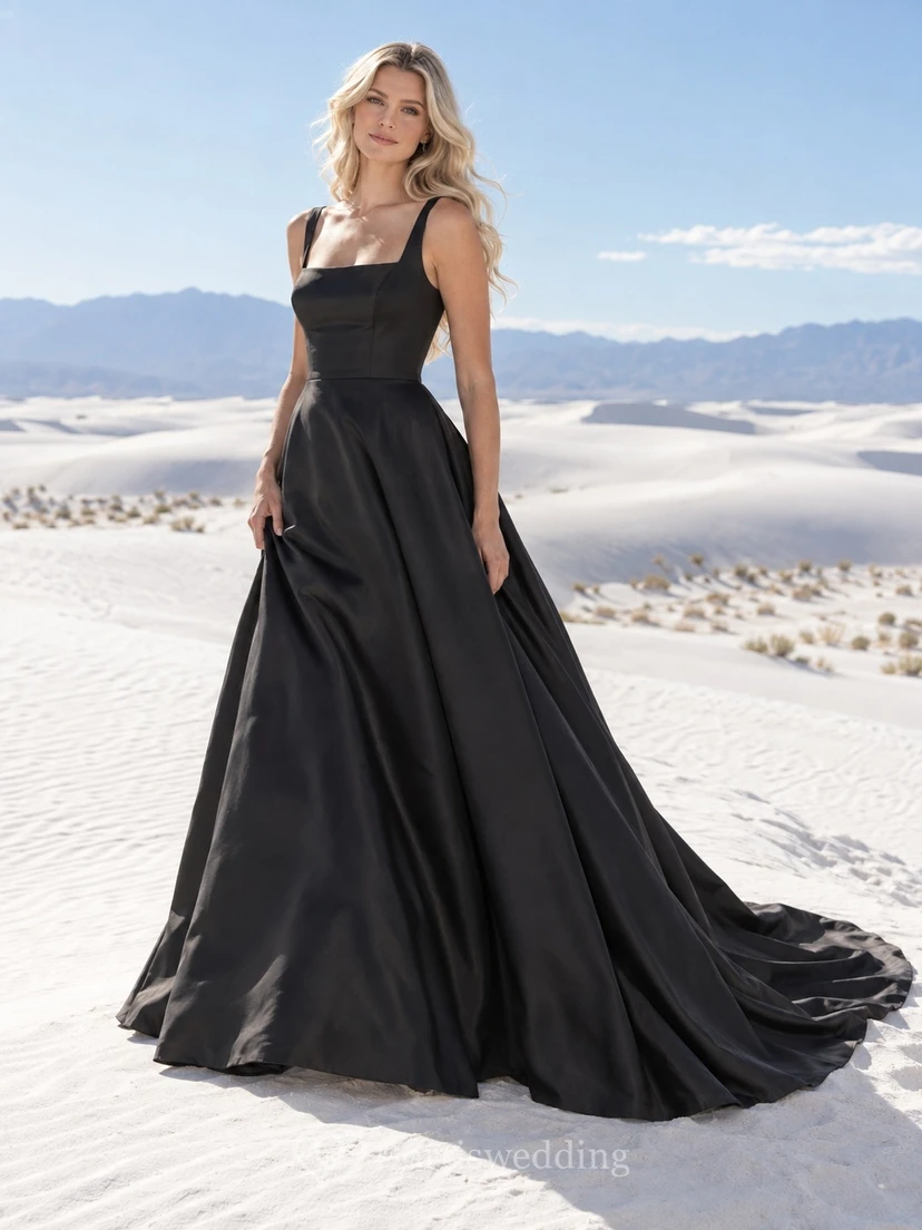 Black Square Neck Simple Sleeveless Seamed Satin Flowing Pleated Long Train Wedding Dress