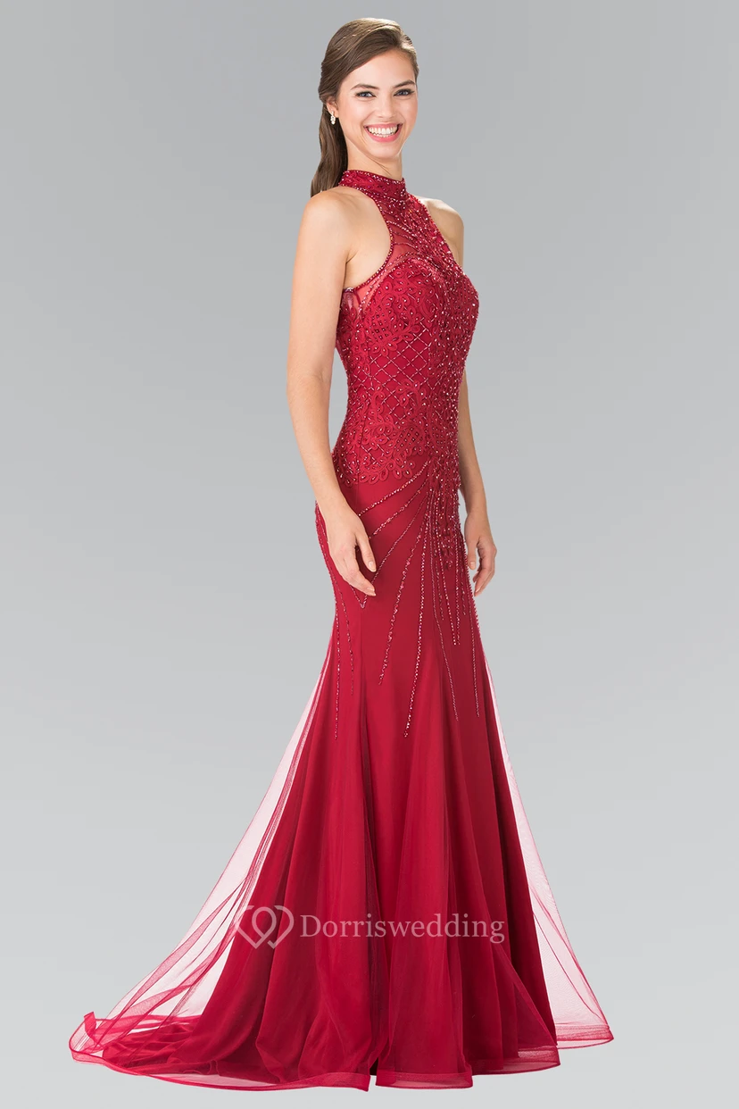 Sheath Floor-Length High Neck Sleeveless Tulle Keyhole Dress With Beading