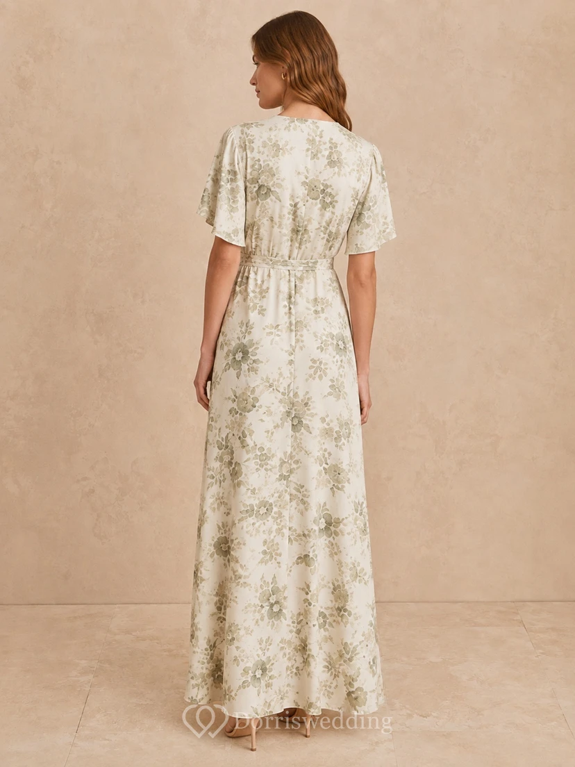 Floral Chiffon Wrap V-neck Short Sleeve A-Line Ankle-length Boho Dress view 2