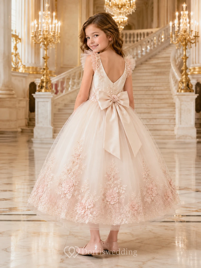 Vestido de niña de flores color marfil, plisado, de manga corta, largo hasta la rodilla, corte en A, con encaje floral en tono rosa empolvado, escote de perlas y lazo de satén extragrande en la espalda. view 2