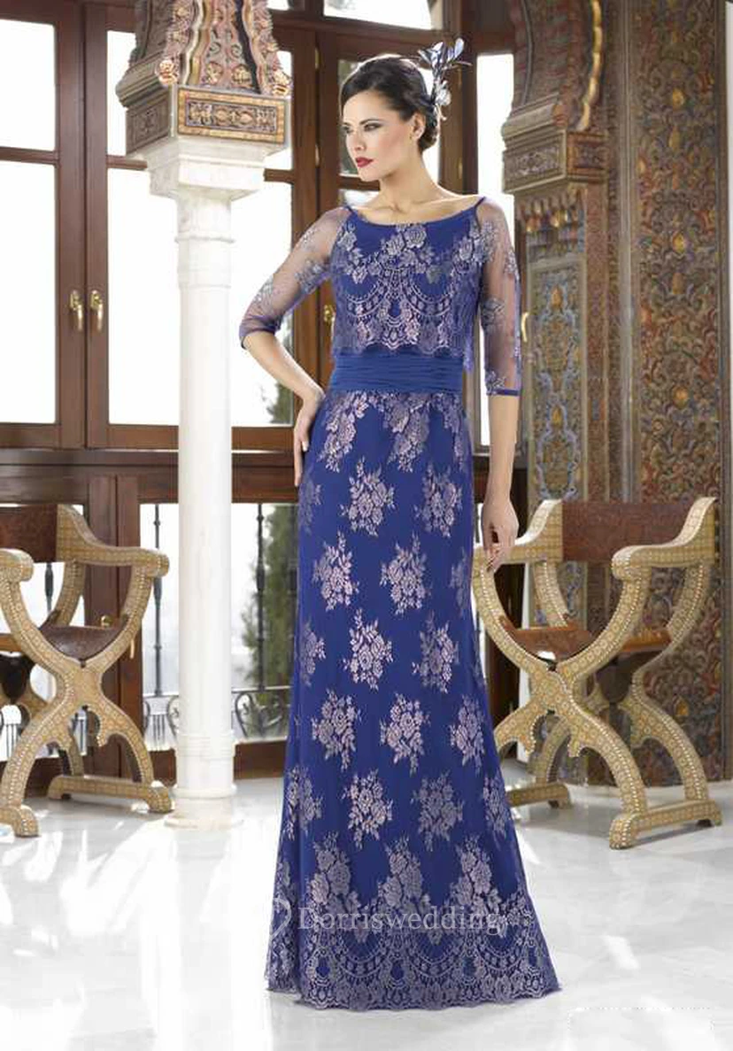 Robe de mère de la mariée en mousseline de soie à col rond et manches illusion appliquées