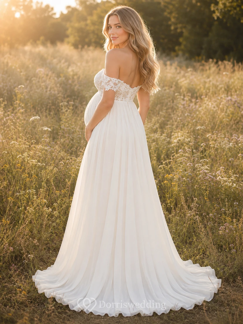 Maternity Wedding Dress Off-the-Shoulder Lace Bodice A-Line Bridal Gown with Split Front view 2
