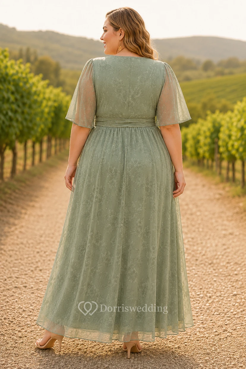 Vestido de tul de corte A con escote en V, talla grande, color verde salvia. view 2