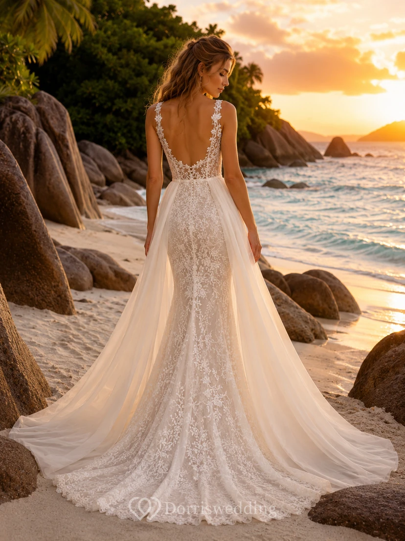 Robe de mariée sirène de luxe en dentelle florale à bretelles plongeantes et jupe surjupe, idéale pour une destination romantique. view 2