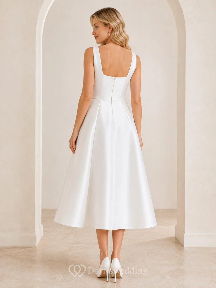 Robe de mariée civile vintage plissée en satin à fines bretelles carrées, longueur thé view 2