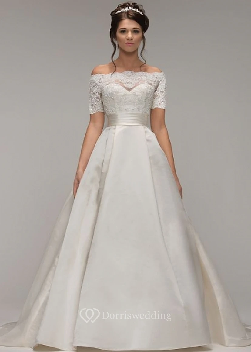 A-Line Off-The-Shoulder Short-Sleeve Satin Wedding Dress With Illusion