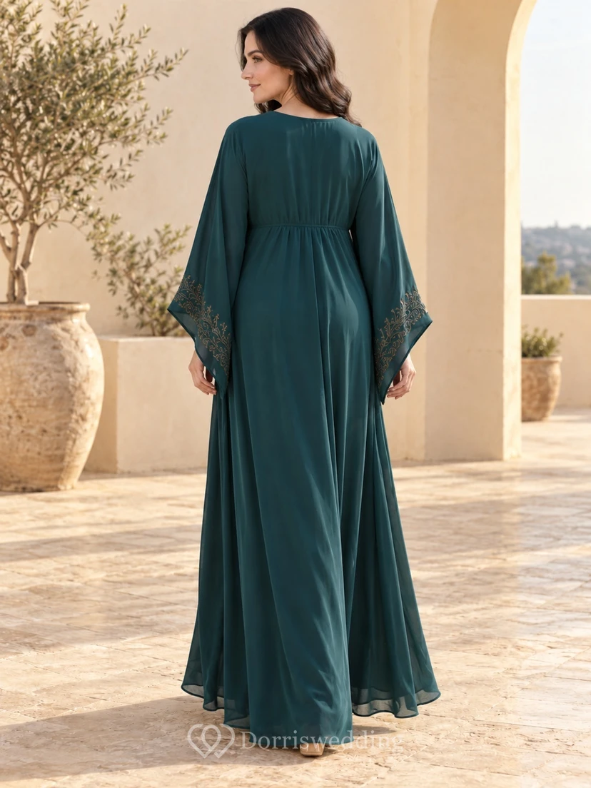 Robe abaya maxi de maternité modeste à manches longues évasées et broderie paon view 2