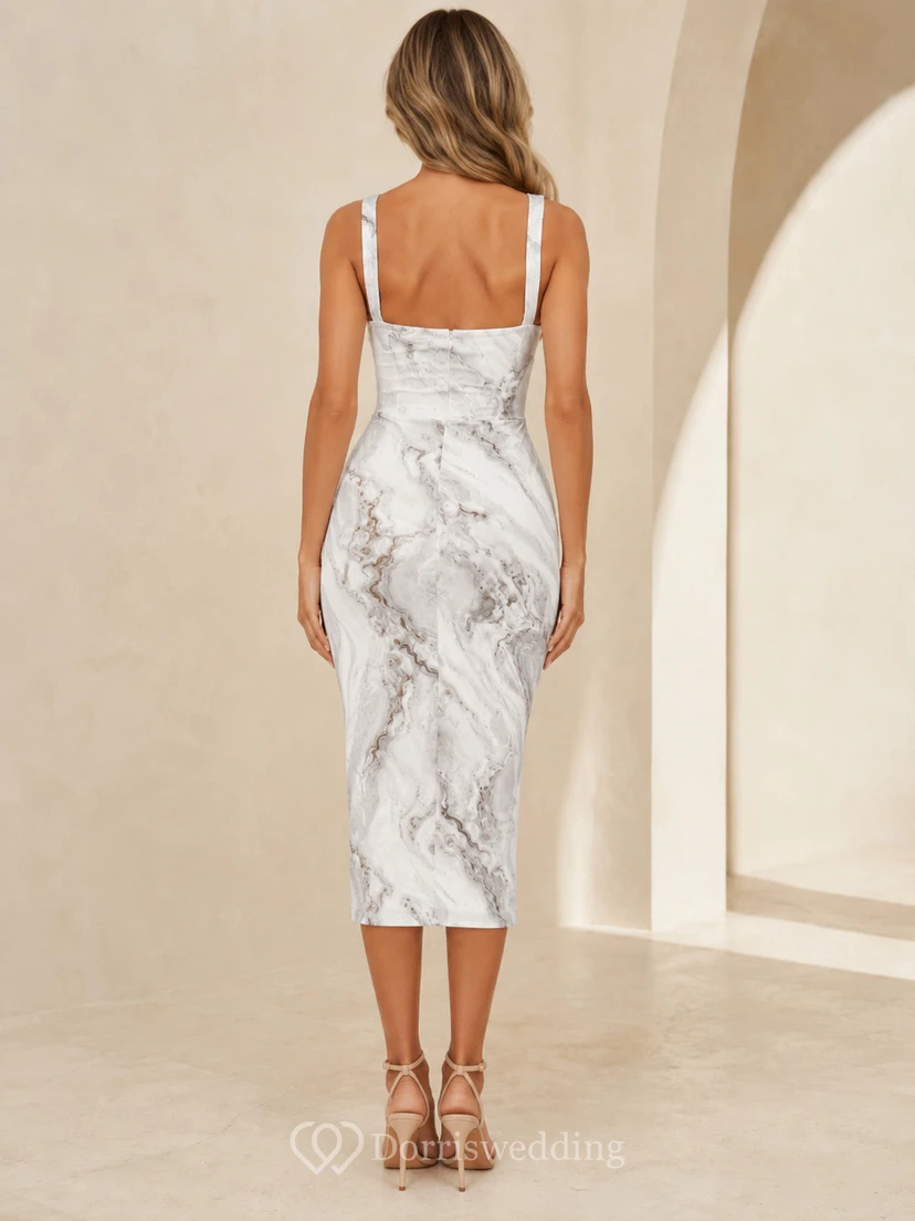 Graues, marmoriertes, figurbetontes Midi-Cocktailkleid mit quadratischem Ausschnitt und Trägern view 2