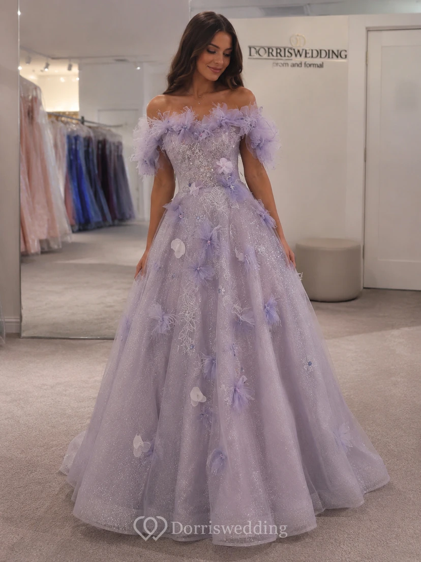 Hellblaues schulterfreies Ballkleid mit Blumenmuster view 8